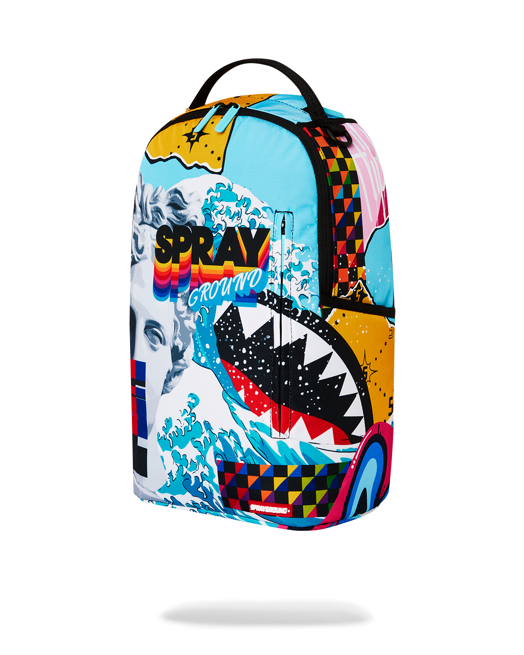 Sprayground DLXSR Collage Backpack in Pink with laptop and accessories inside