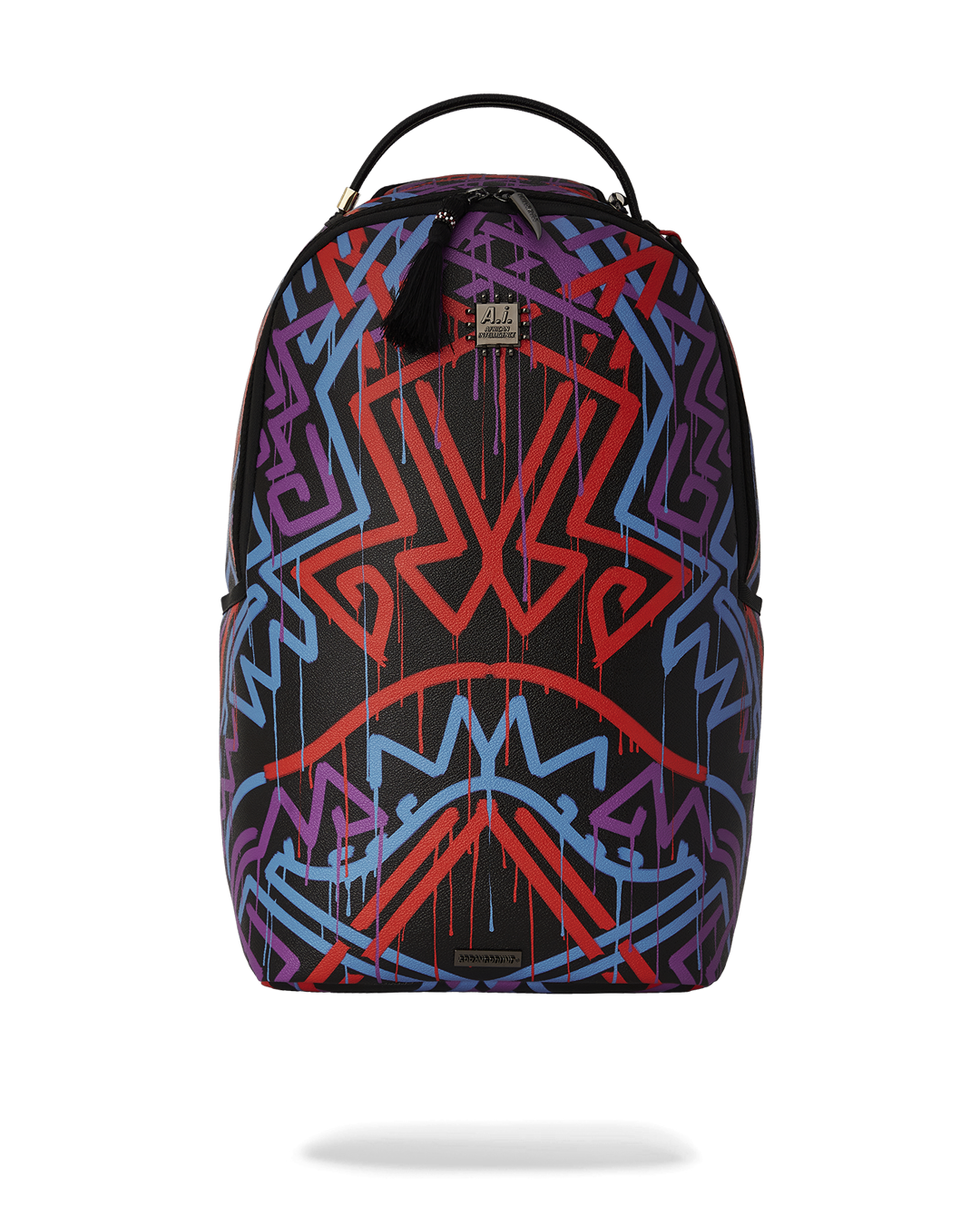 Front view of the A.I. The Shield Backpack highlighting the gold zippers and metal badge