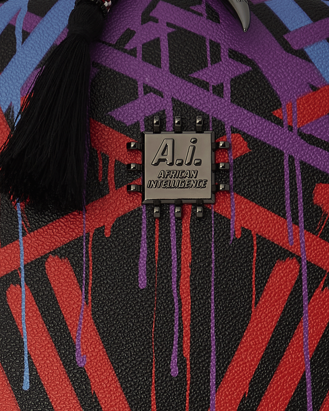 Front view of the A.I. The Shield Backpack highlighting the gold zippers and metal badge