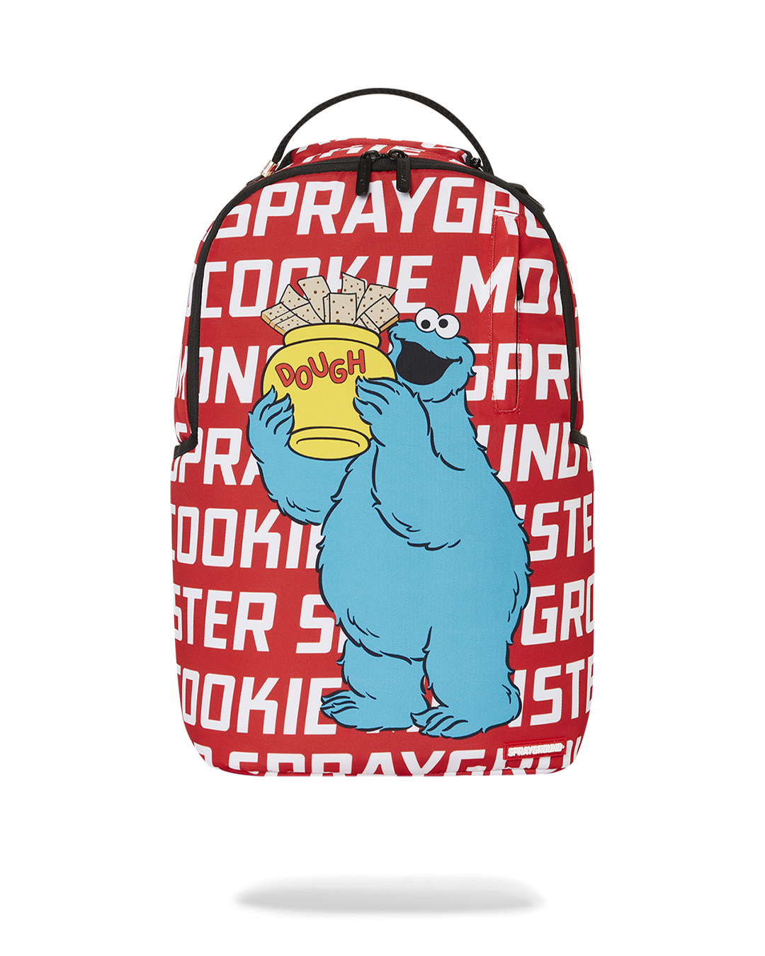 Front view of cookie monster sprayground backpack with zippered pockets and bold design.