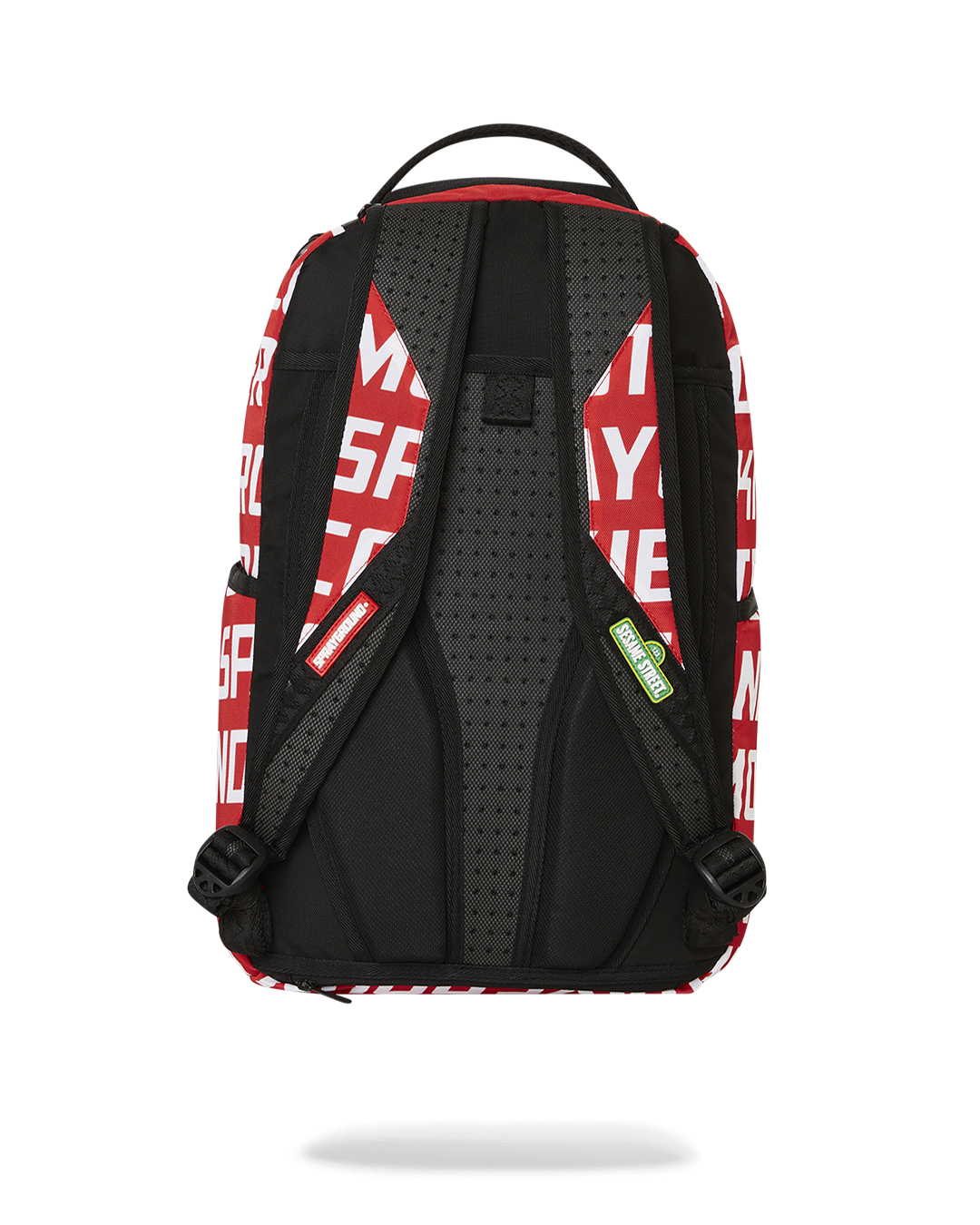 Front view of cookie monster sprayground backpack with zippered pockets and bold design.