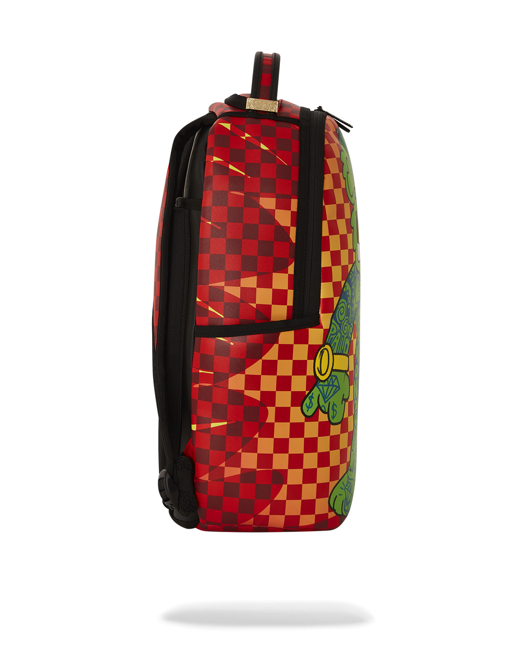 Side angle highlighting sunglass compartment and adjustable padded straps.