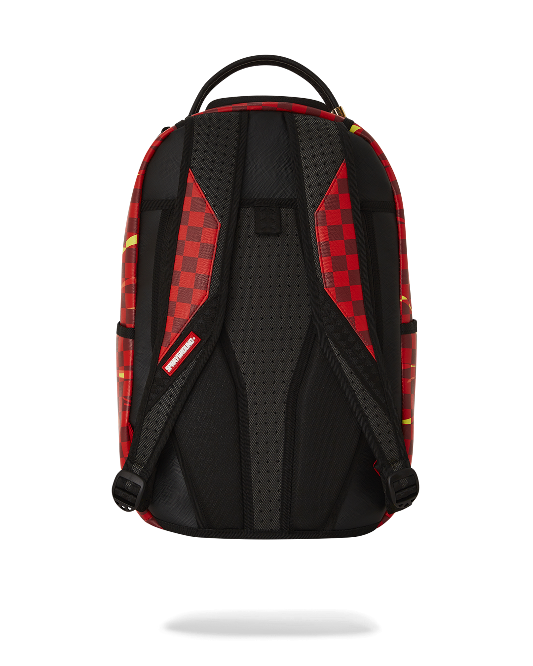 Front view of the travel backpack showing gold zippers and faux leather texture.