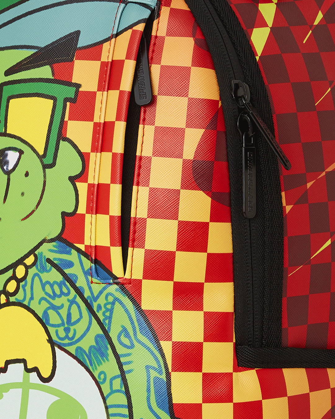 Back view with mesh padding and slide-through luggage sleeve for airport travel.