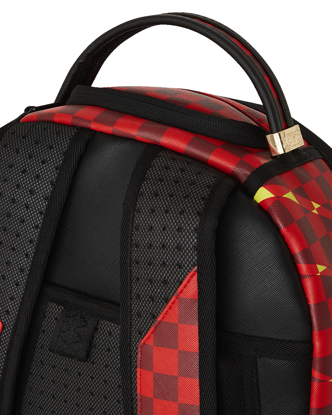 Front view of the travel backpack showing gold zippers and faux leather texture.