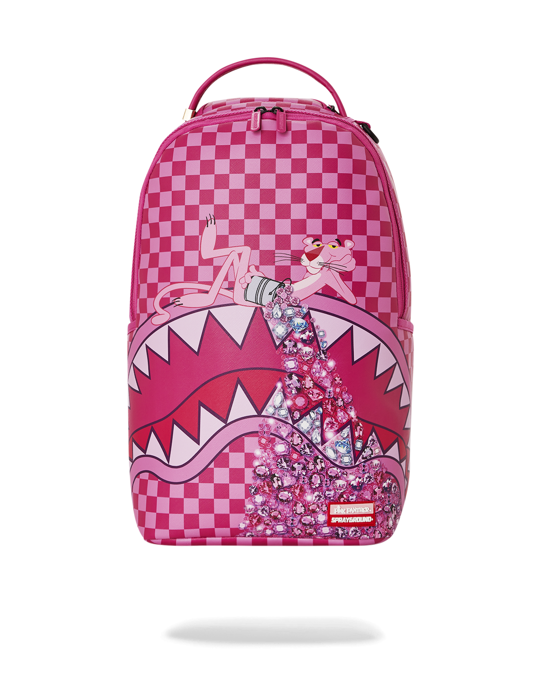 Pink Panther backpack open to show velour laptop compartment and organizer pockets