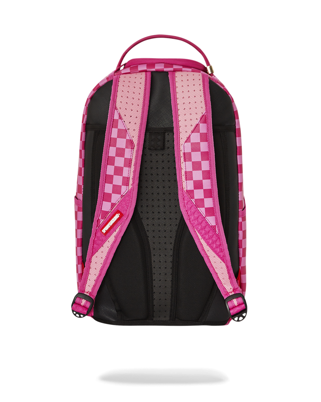 Pink Panther backpack open to show velour laptop compartment and organizer pockets