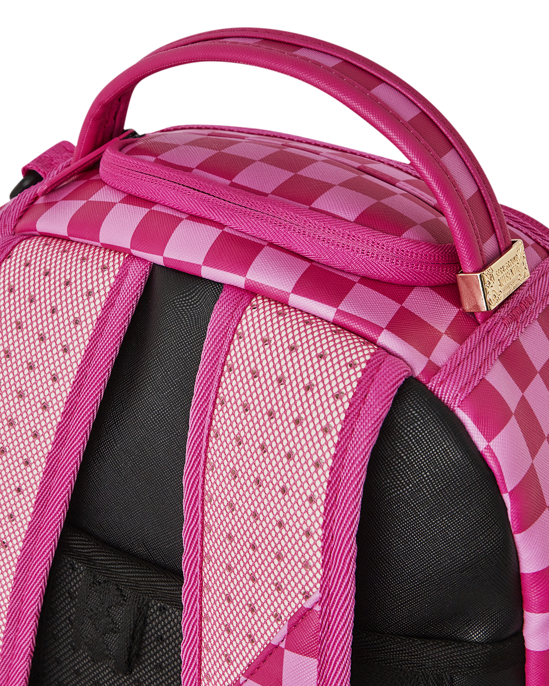 Pink Panther backpack open to show velour laptop compartment and organizer pockets