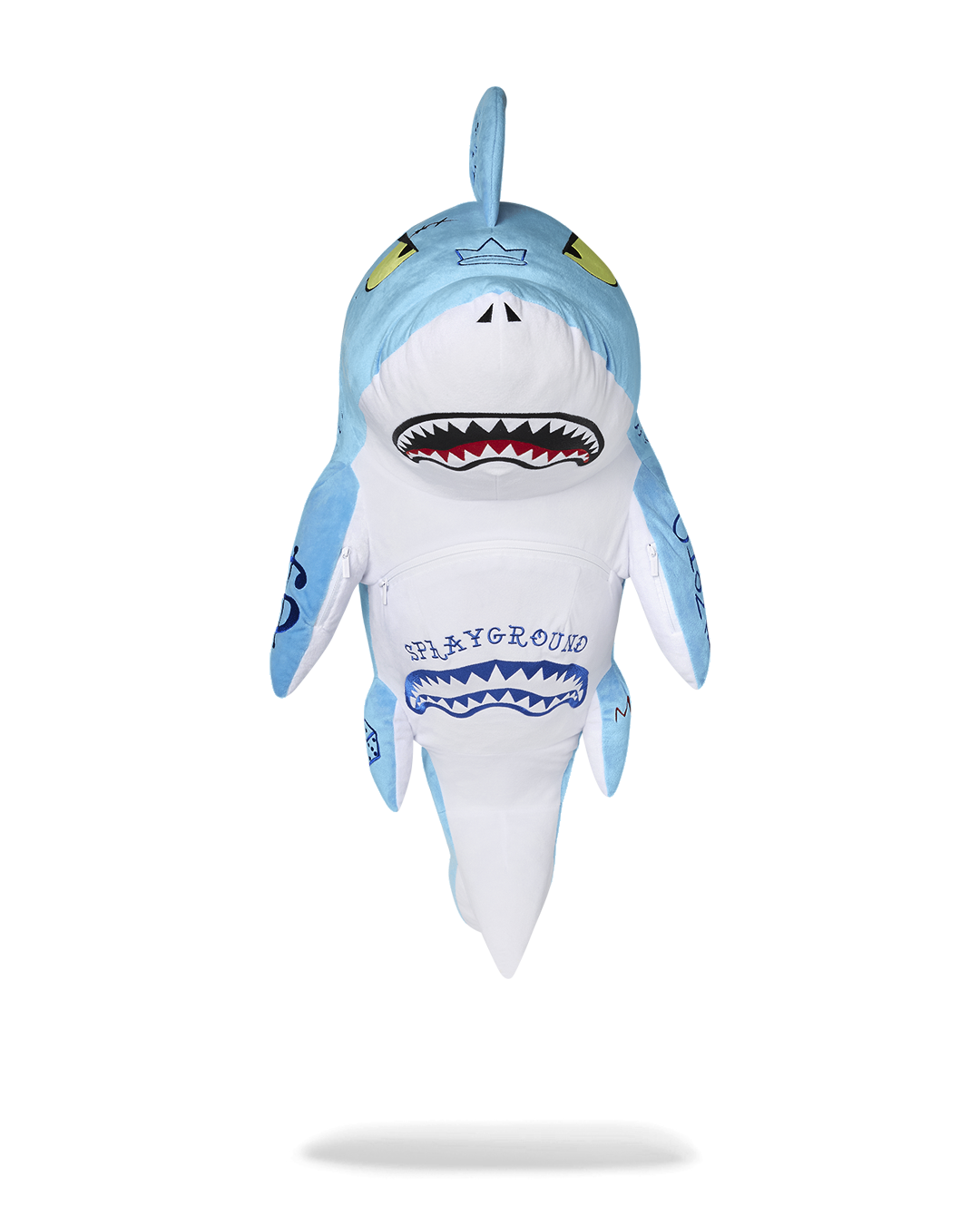 Front view of the plush shark backpack showcasing embroidered details.