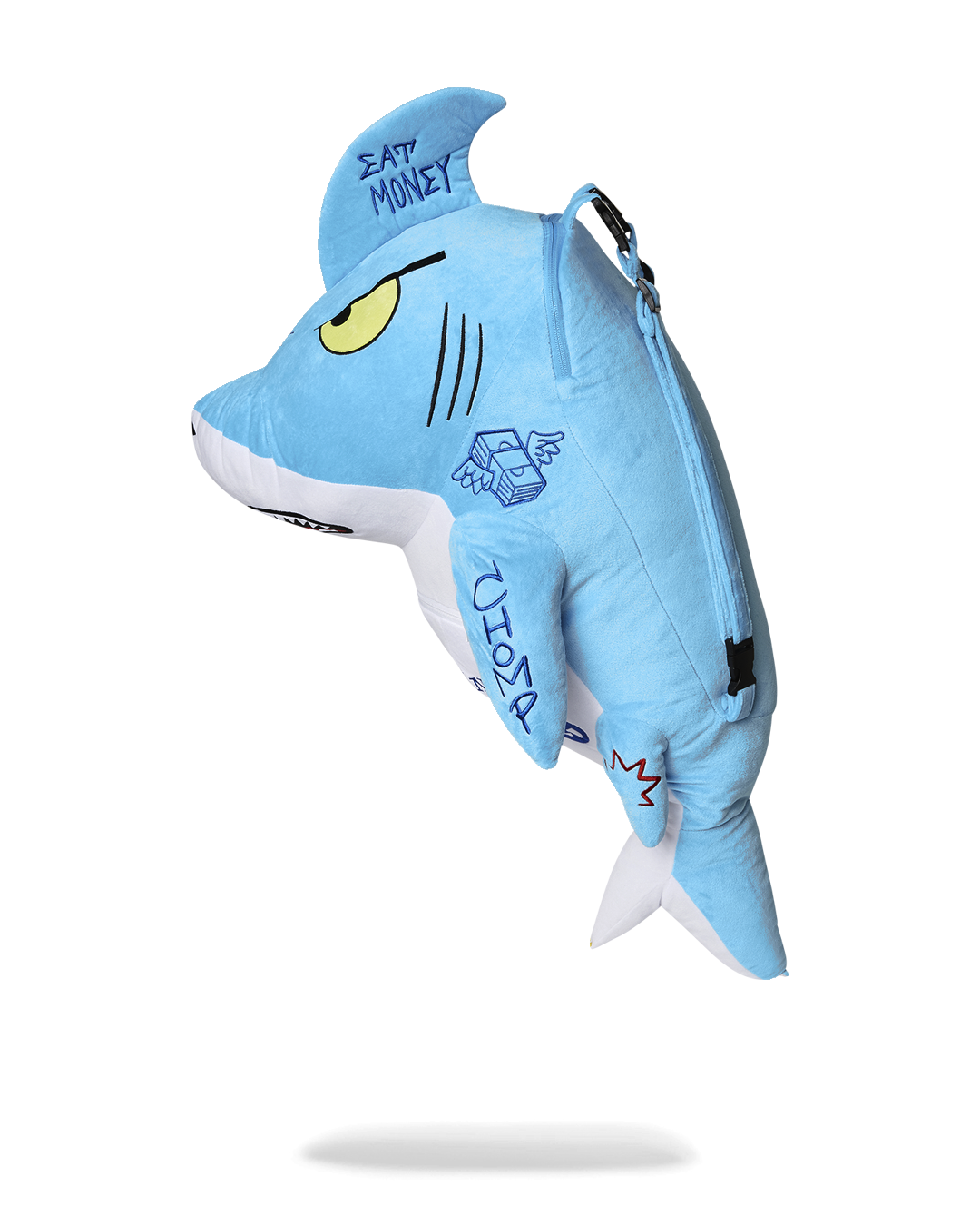 Front view of the plush shark backpack showcasing embroidered details.