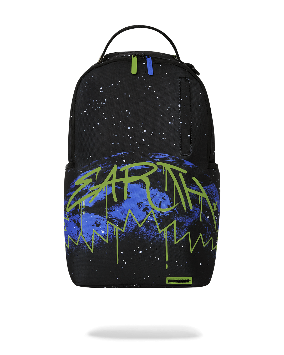 Close-up of the Shark Backpacks glow-in-the-dark printing and metal hardware
