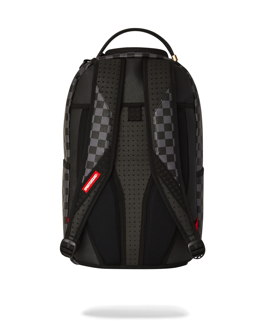 Front view of the Gerald Deluxe faux leather backpack with gold zippers.