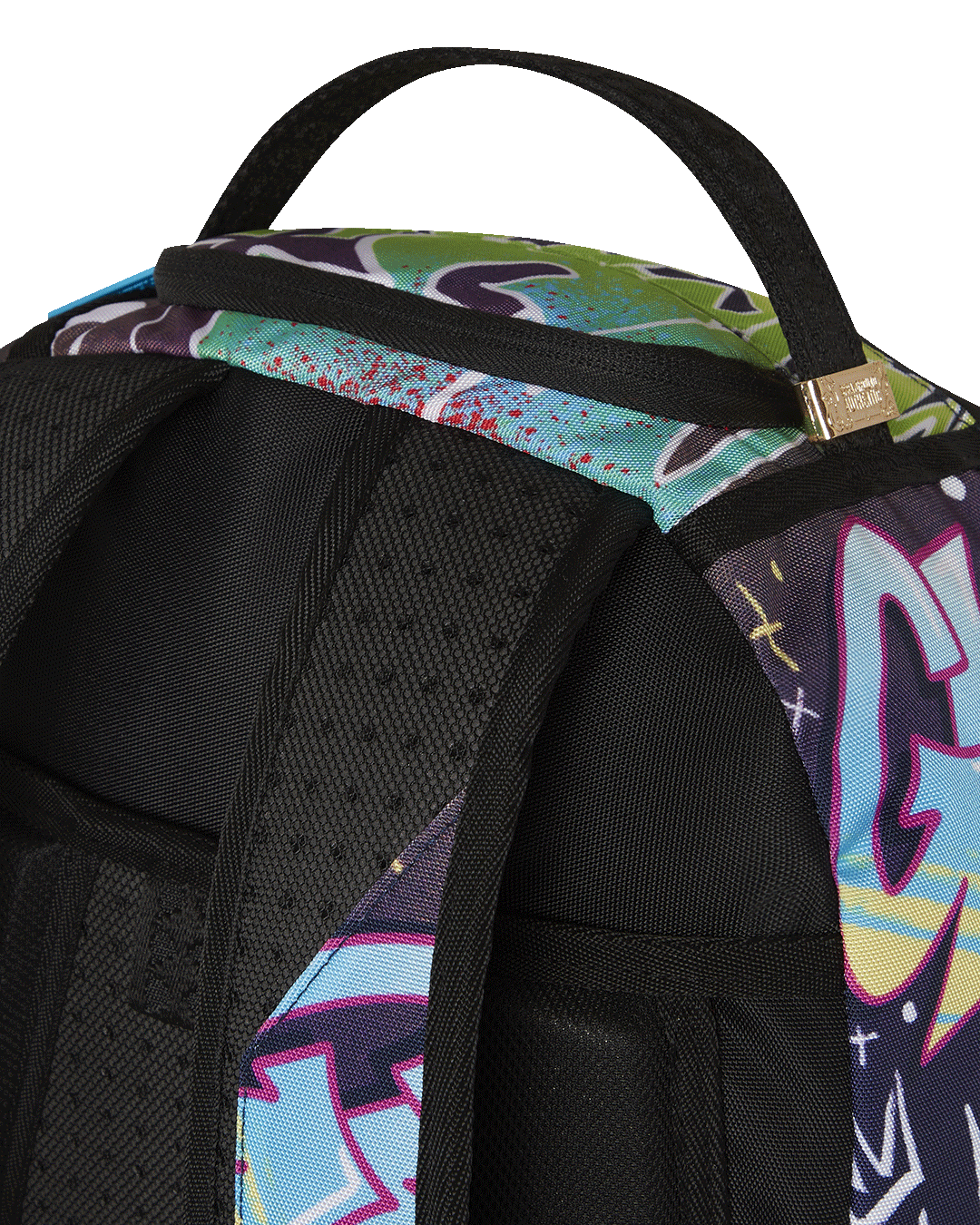 Close-up of Five Nights at Freddys backpack front zipper pocket and Glamrock detailing