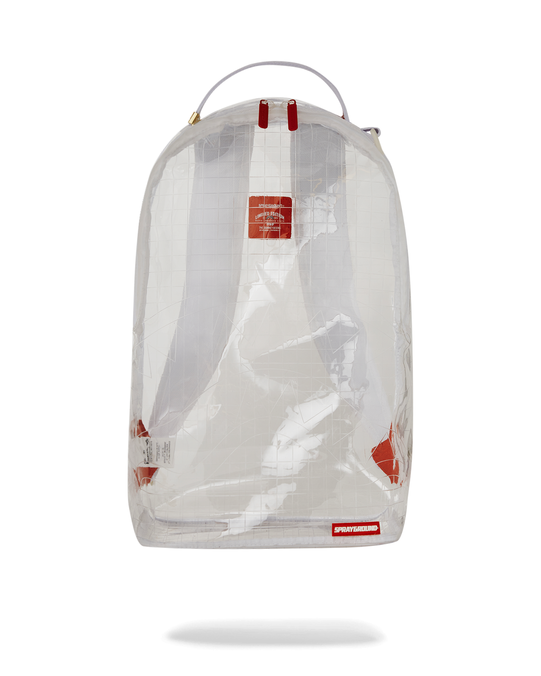 Clear Vision backpack worn by student walking through urban park