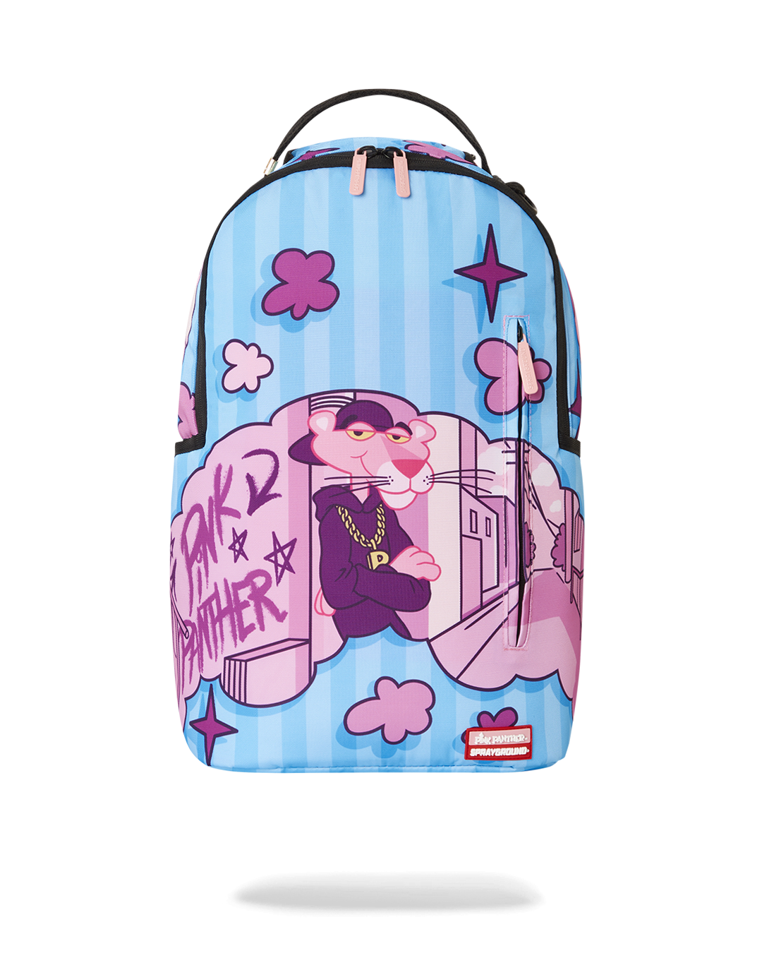 Front view of the Urban Chic Pink Panther laptop backpack showcasing its stylish design.