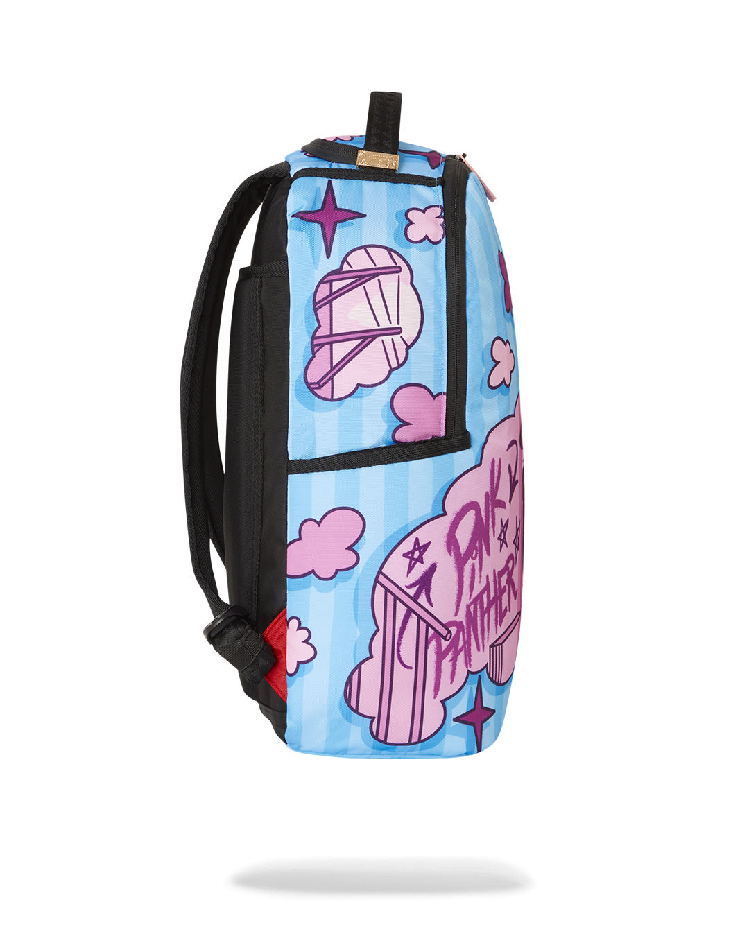 Side view of the pink backpack, highlighting the adjustable straps and organizational pockets.