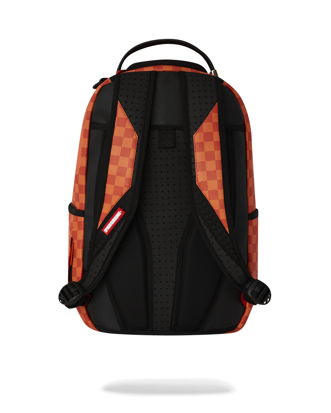 Front angle of the DLXV faux leather backpack showing zipper pocket and metal hardware