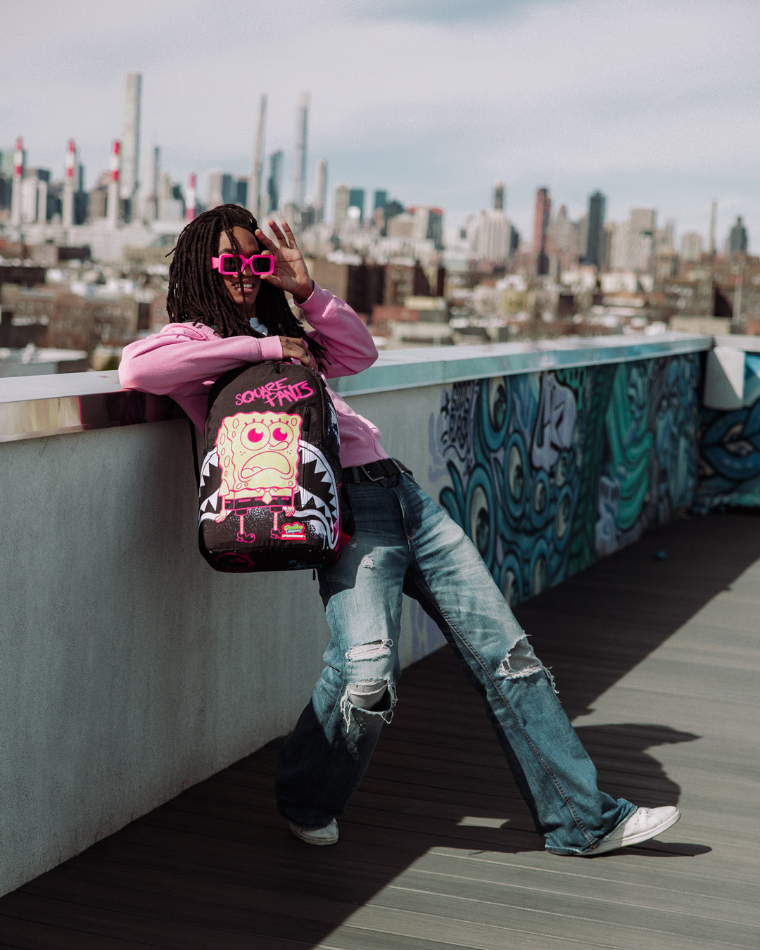 Spongebob Sprayground backpack front view with multiple pockets