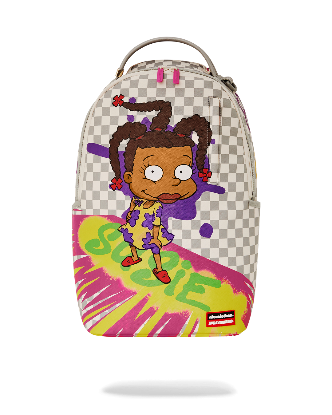 Side view of Susie Vibes faux leather backpack with gold zippers.