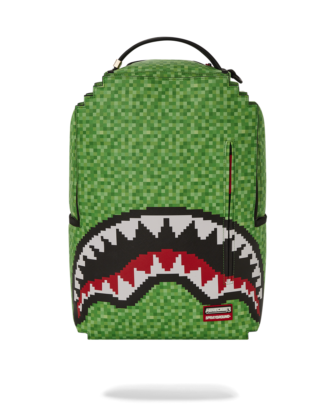 Front view of the Minecraft Shark Mouth Backpack showcasing the pixelated design.