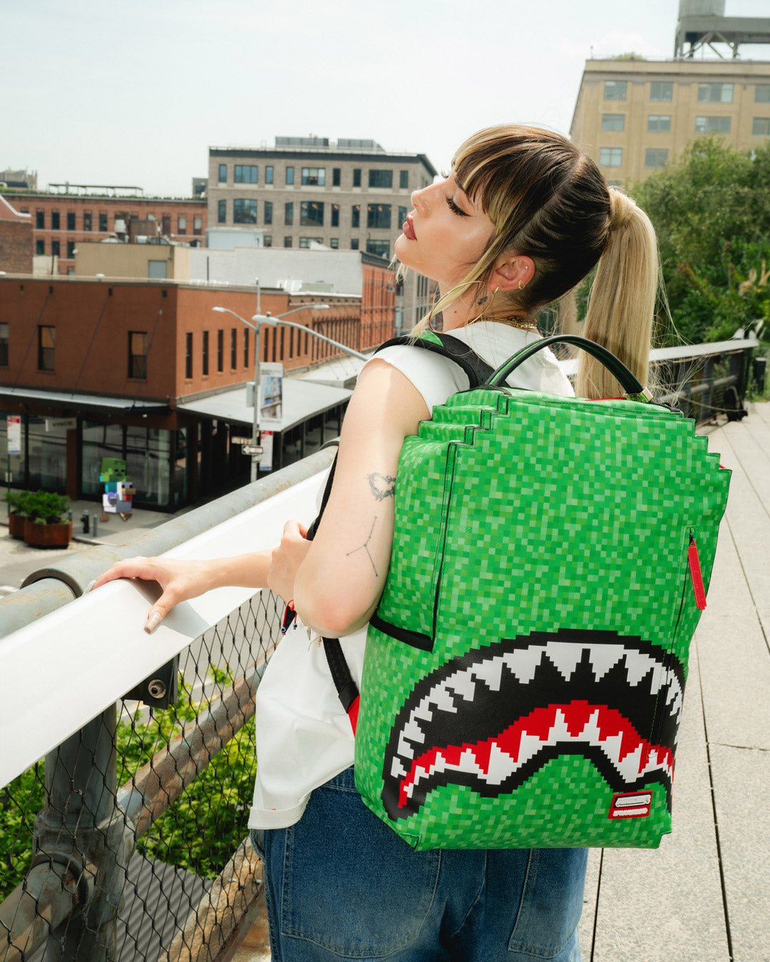 Side view of the Minecraft Shark Mouth Backpack highlighting its ergonomic straps.