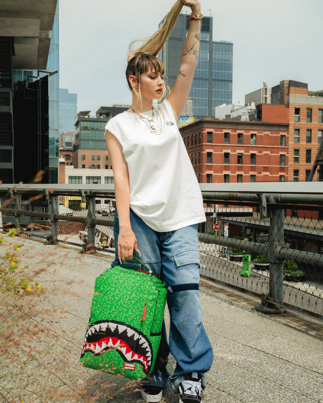 Front view of the Minecraft Shark Mouth Backpack showcasing the pixelated design.