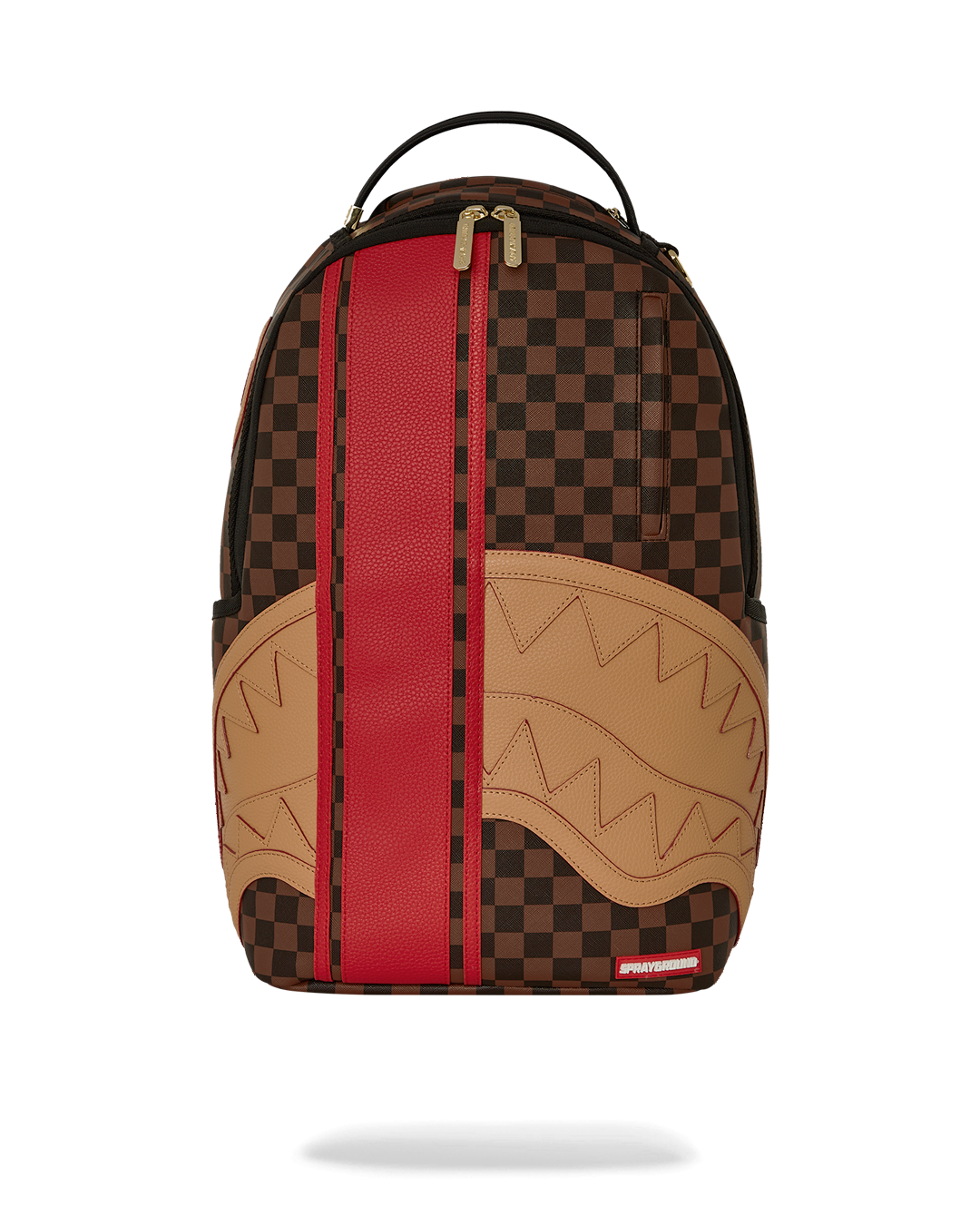 Angled front view of faux leather designer backpack on city pavement