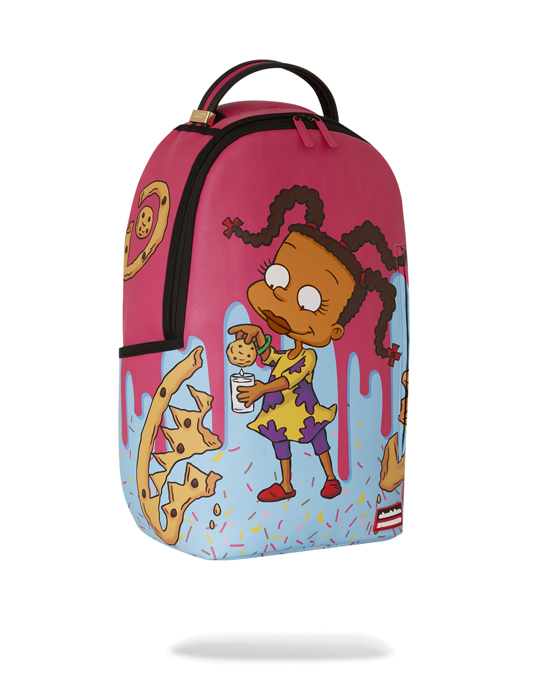 Kids carrying Sprayground RUGRATS SUSIE ART CLASS pink faux leather backpack to school