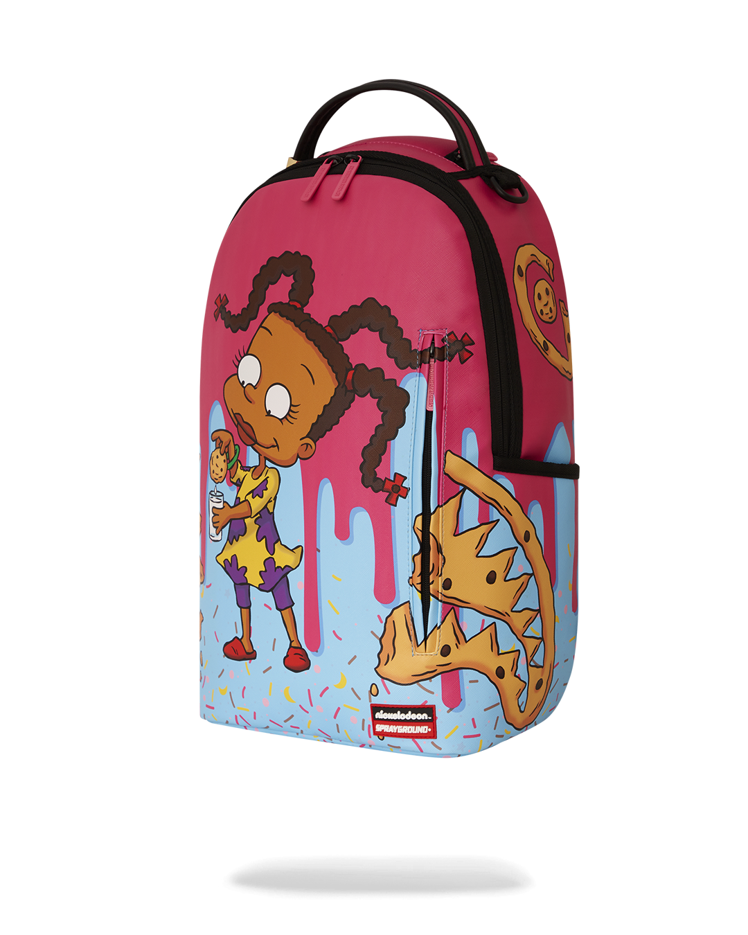 Kids carrying Sprayground RUGRATS SUSIE ART CLASS pink faux leather backpack to school