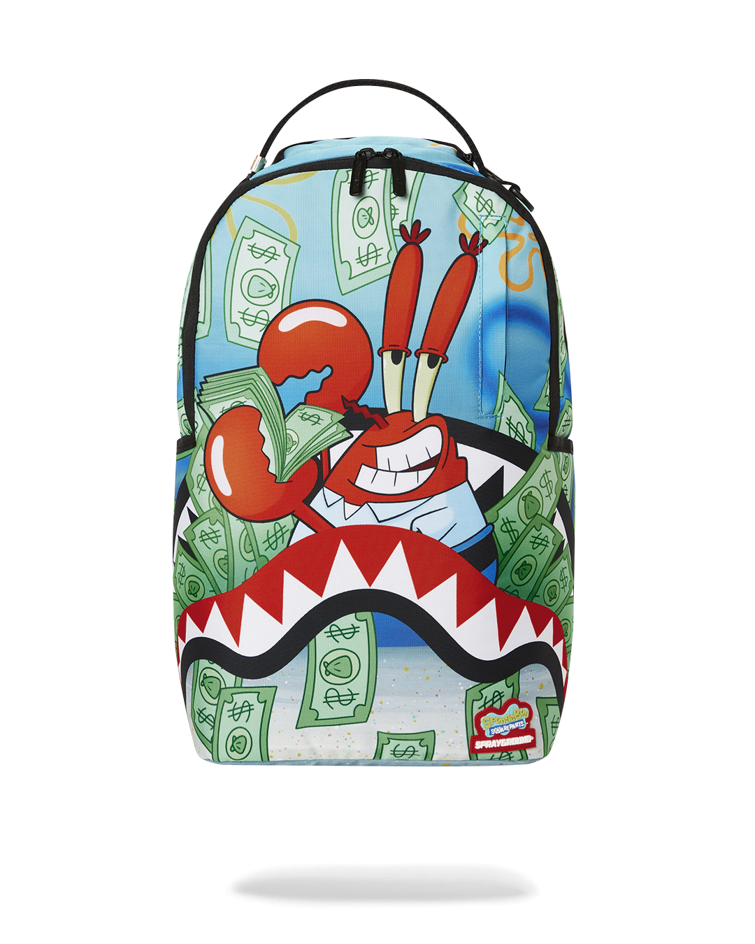Close-up of the Mr. Krabs-themed backpack with gold zippers and character design, perfect for everyday carry