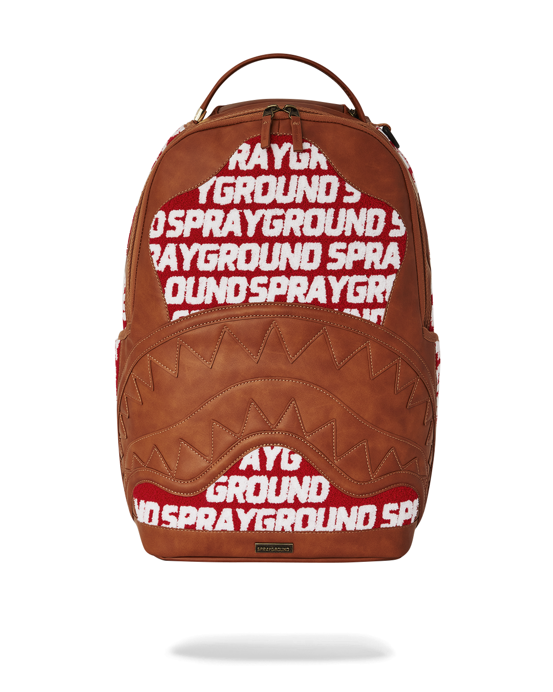 Front view of the limited edition pink faux leather Sprayground backpack