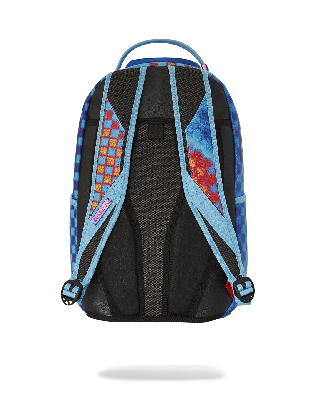 Front view of faux leather laptop backpack with gold zippers