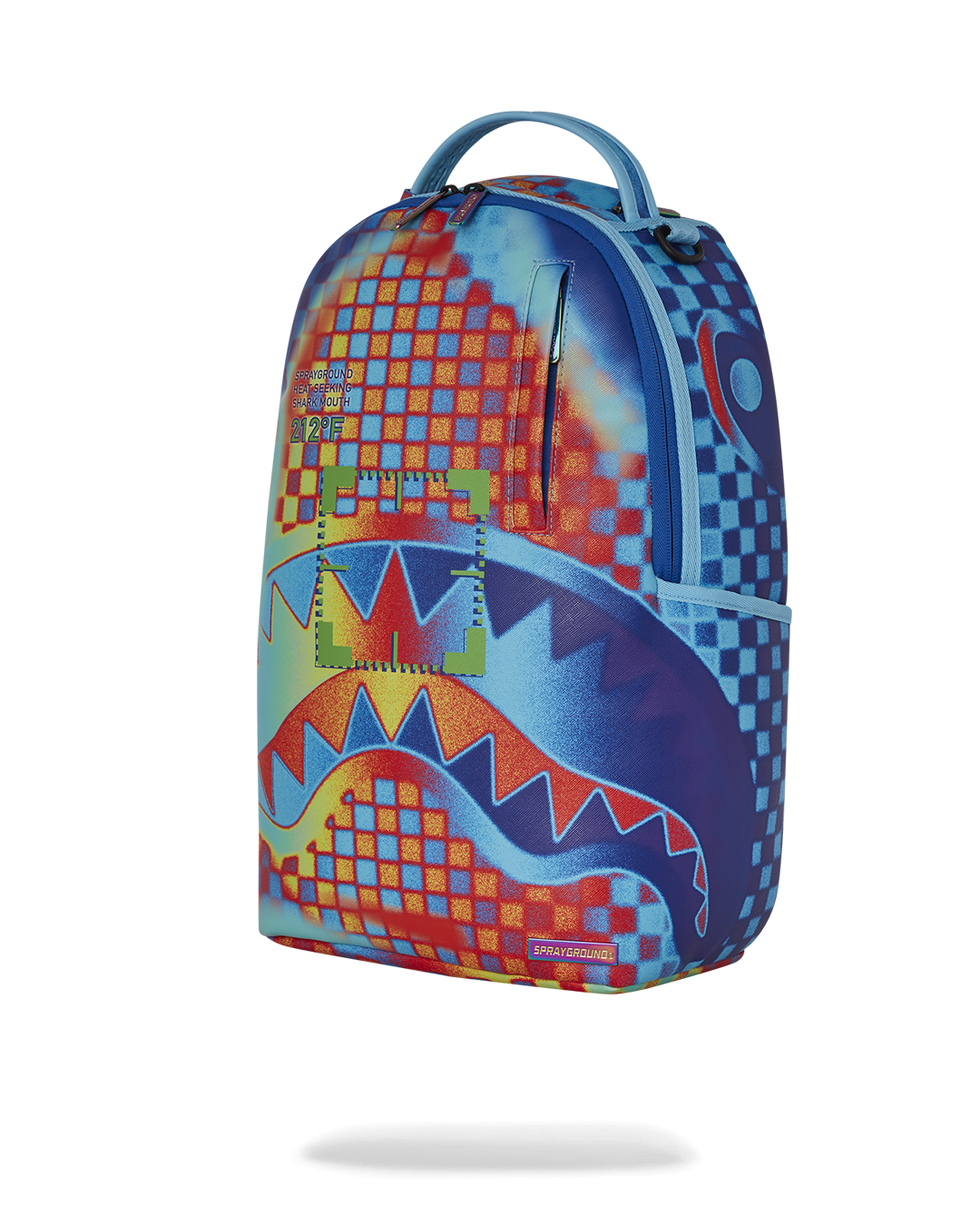 Side angle showing Sprayground backpack pink accents and luggage strap
