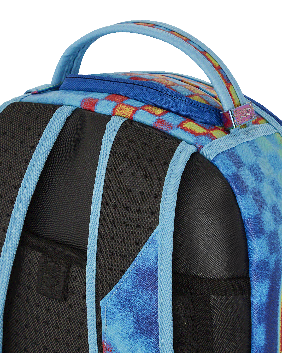 Front view of faux leather laptop backpack with gold zippers