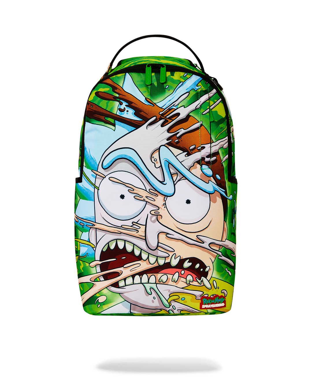 Front view of the Rick & Morty limited edition sprayground backpack with clear exterior