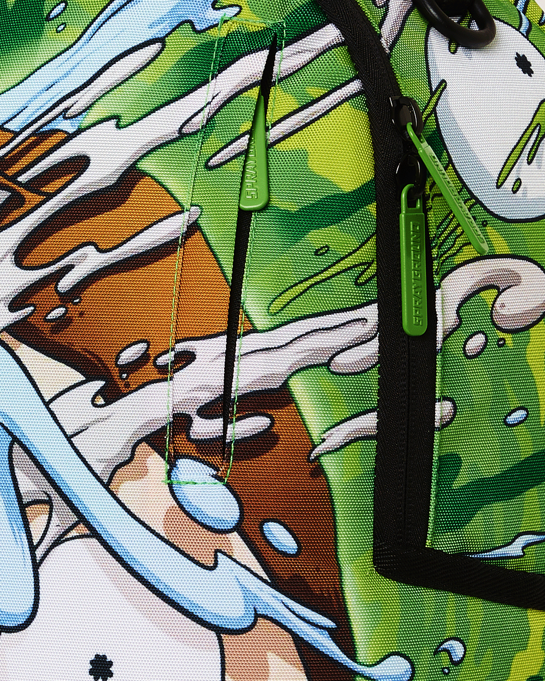 Front view of the Rick & Morty limited edition sprayground backpack with clear exterior