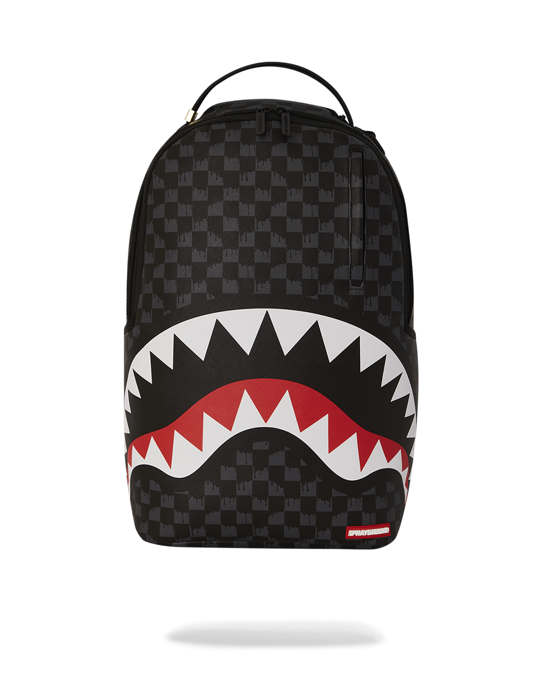 Sprayground backpack pink with front zipper pocket showcased in a park setting.