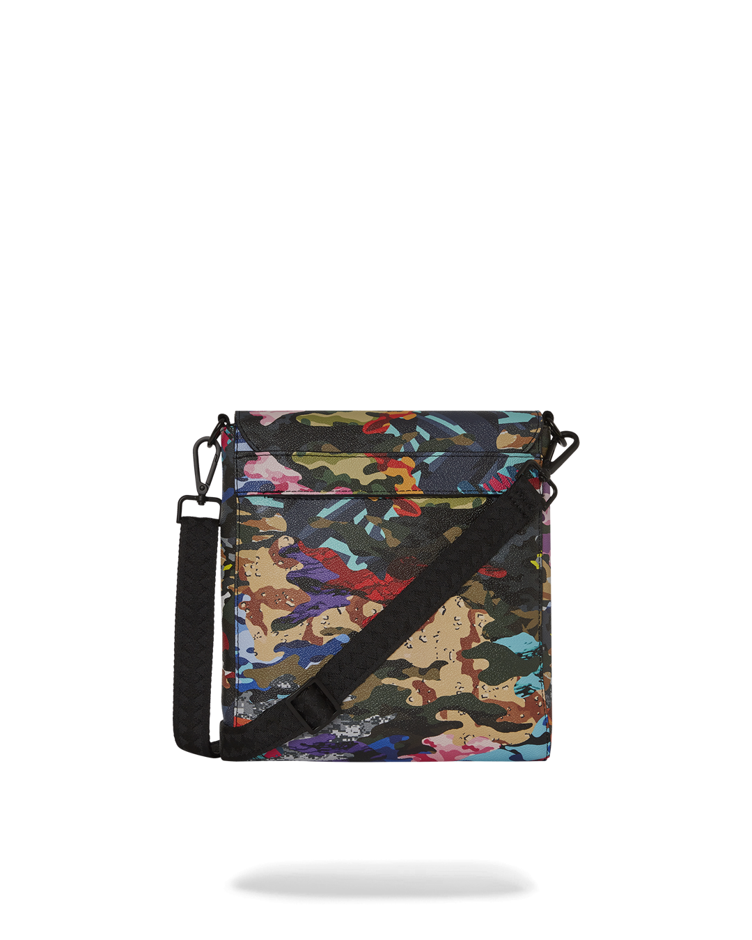 Front angle of leather sling bag showing zipper and fabric texture
