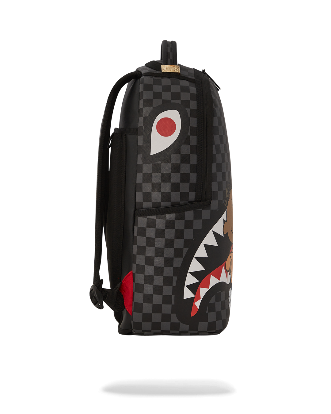 Side angle of the Franklin Sharks faux leather backpack with open pockets.