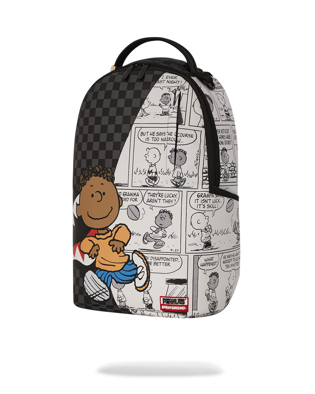 Side angle of the Franklin Sharks faux leather backpack with open pockets.