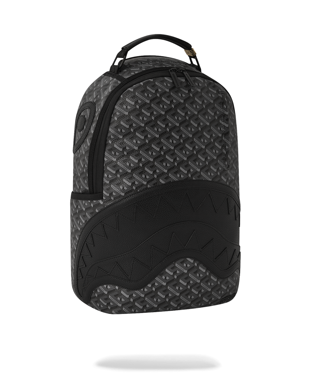 Faux leather backpack with gold zippers and metal hardware, connected to carry-on luggage