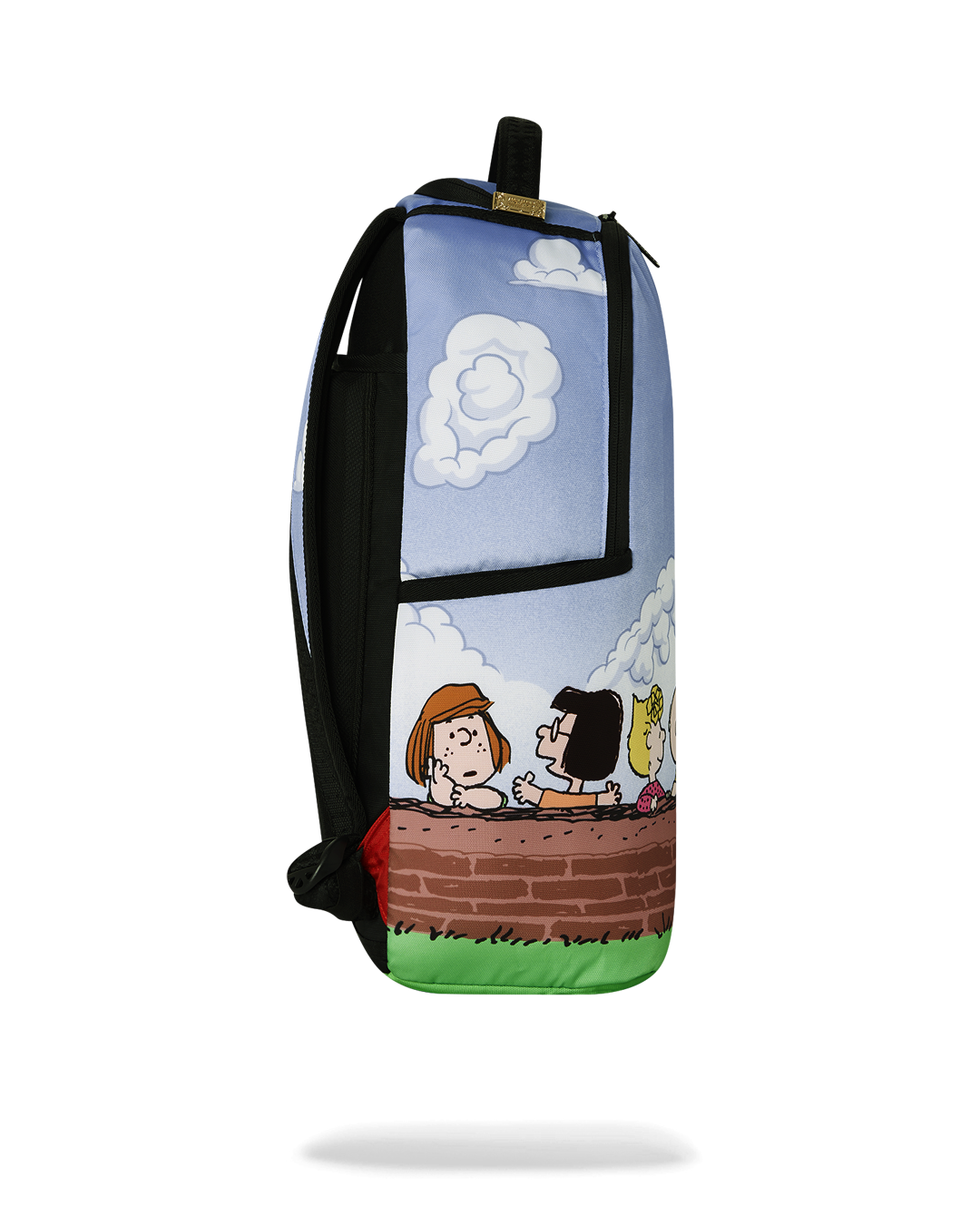 Sprayground Peanuts Fam Deluxe Backpack side view showing ergonomic mesh back padding