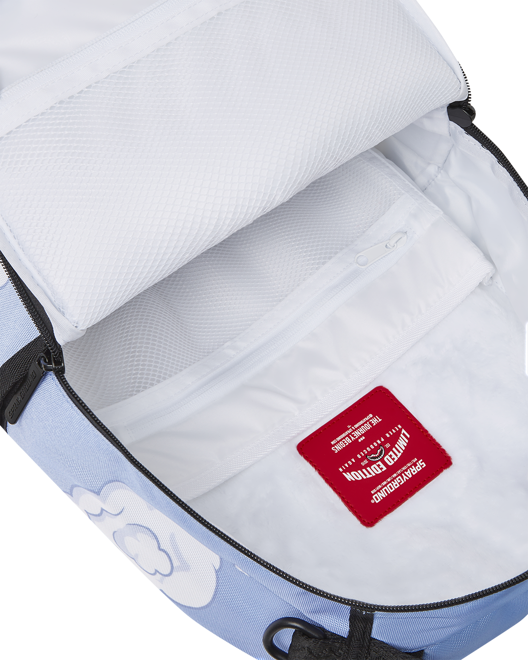 Sprayground Peanuts Fam Deluxe Backpack side view showing ergonomic mesh back padding