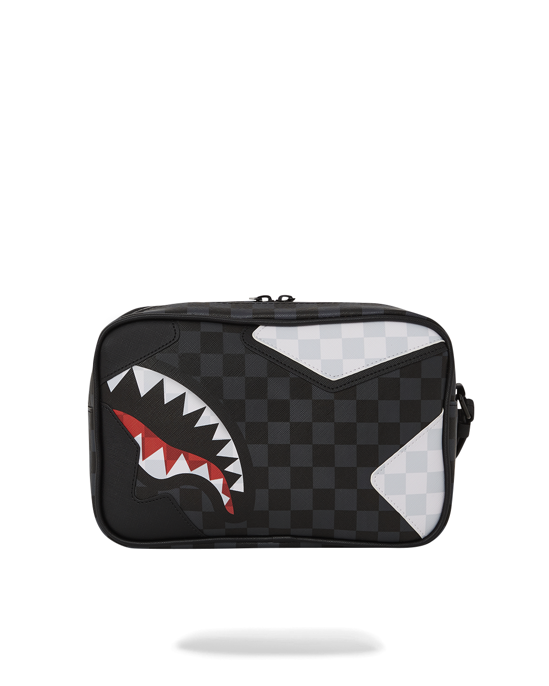 Close-up of the toiletry bags interior zip pocket and durable faux leather material.