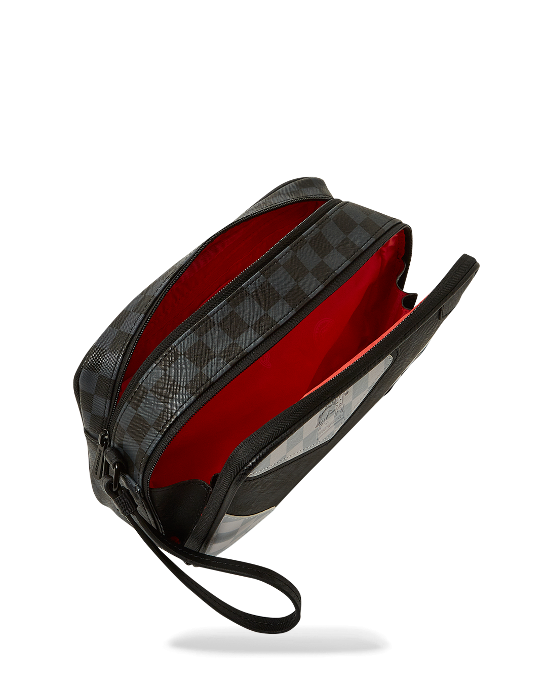 Mens cross-body toiletry bag worn diagonally, showing adjustable strap and compact design.
