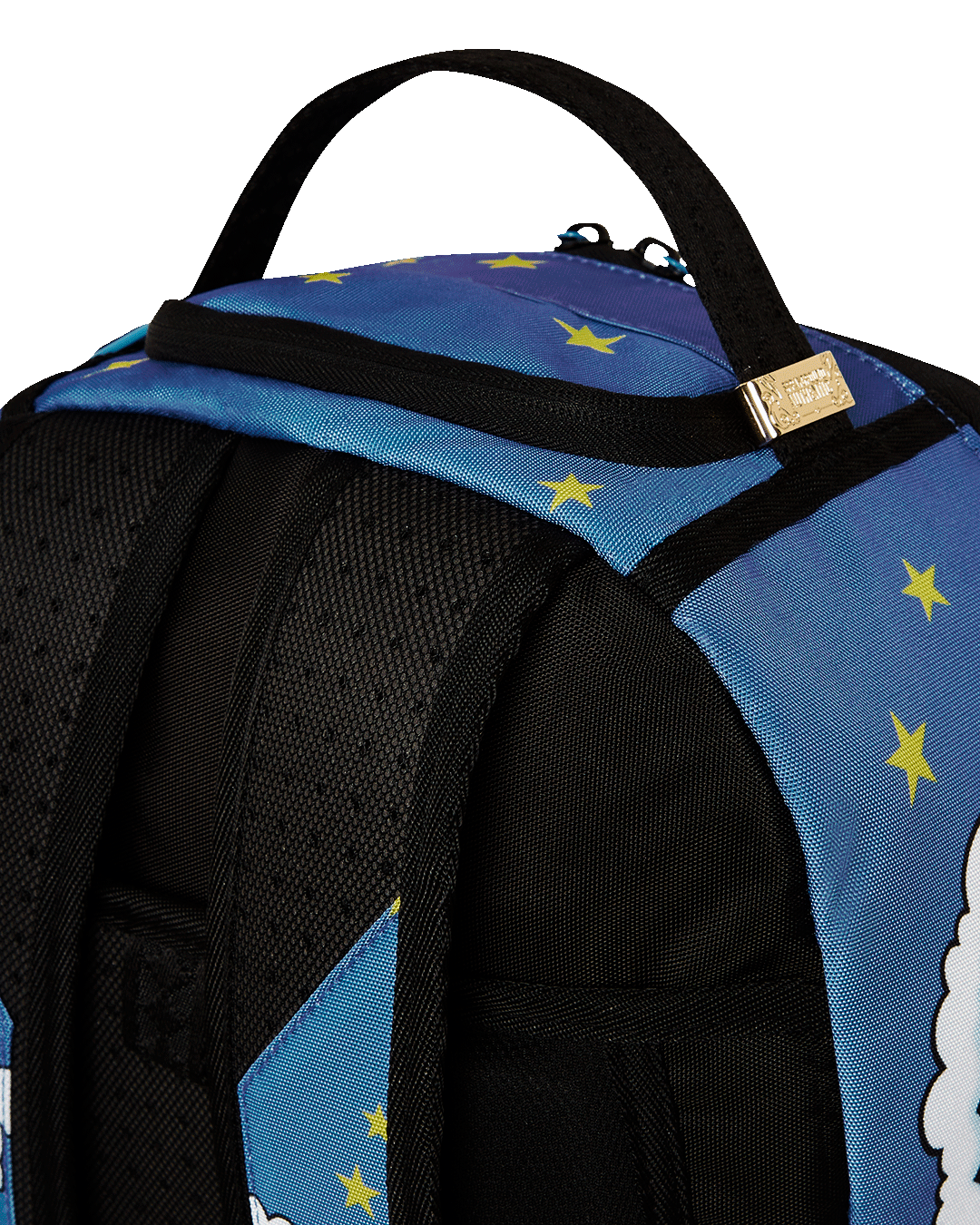 Front view of ergonomic backpack with gold zippers and laptop compartment