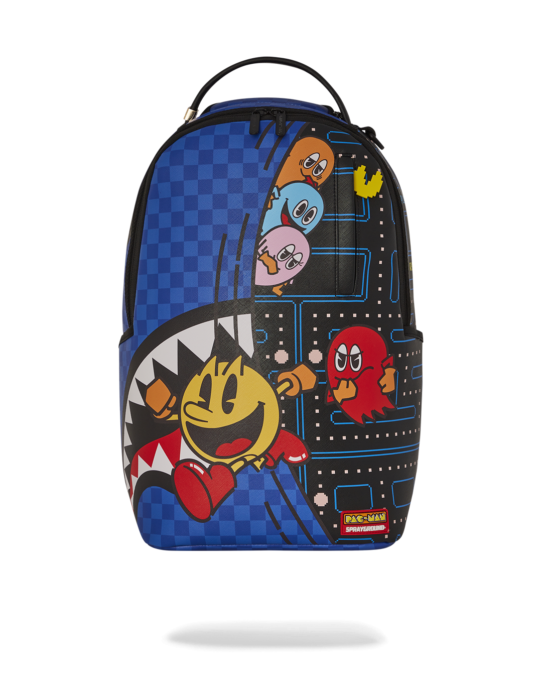 Close-up of PAC-MAN Livin' the Dream faux leather backpack showing gold zippers and metal hardware