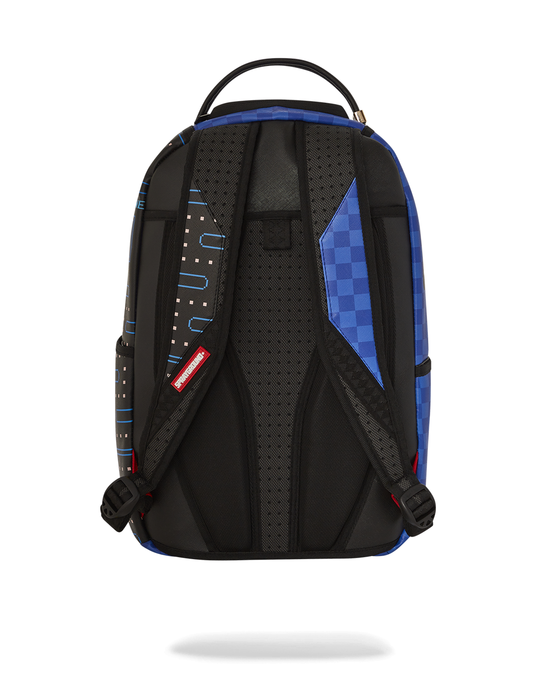 Back of the backpack highlighting ergonomic mesh padding and slide-through luggage sleeve