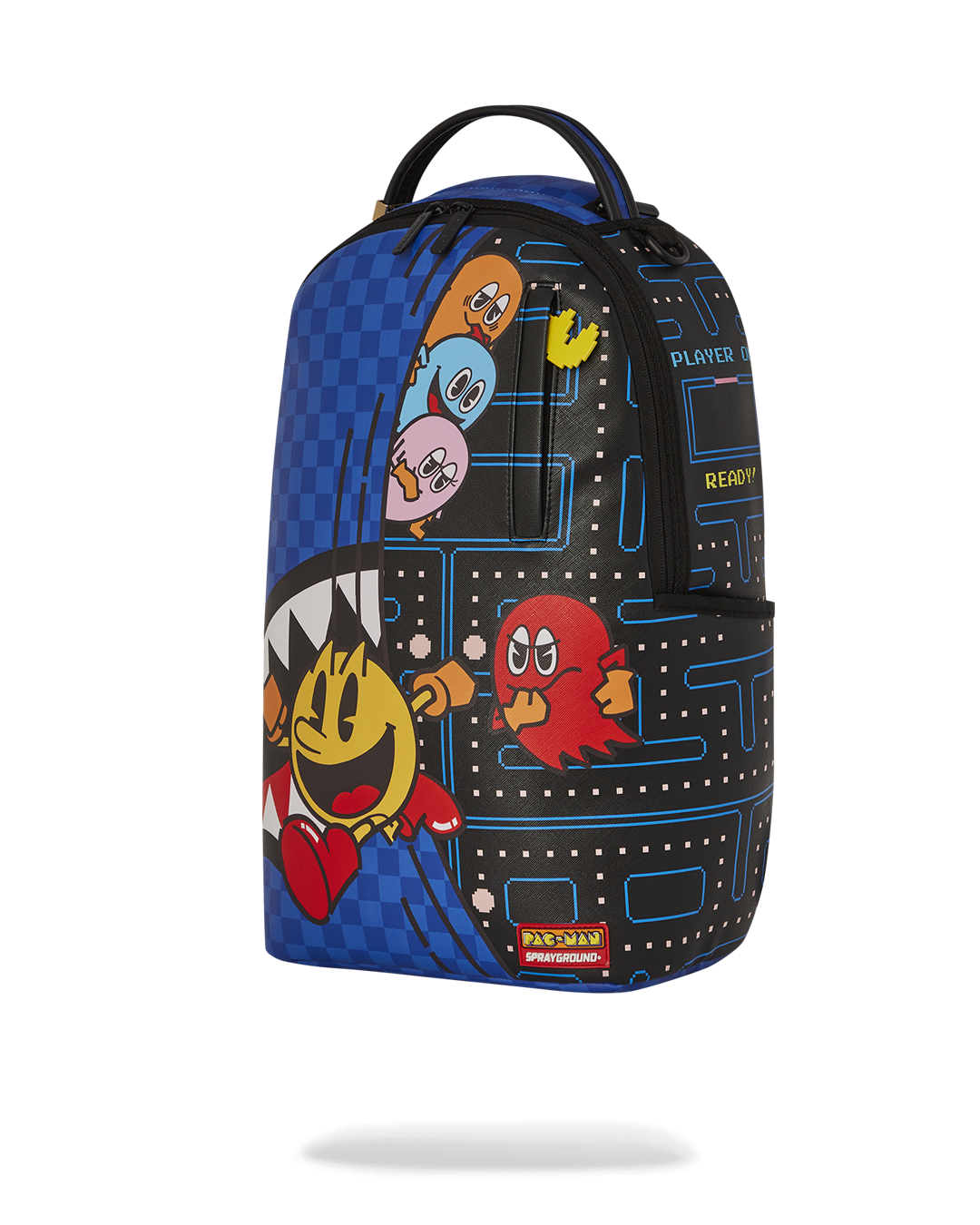 Close-up of PAC-MAN Livin the Dream faux leather backpack showing gold zippers and metal hardware