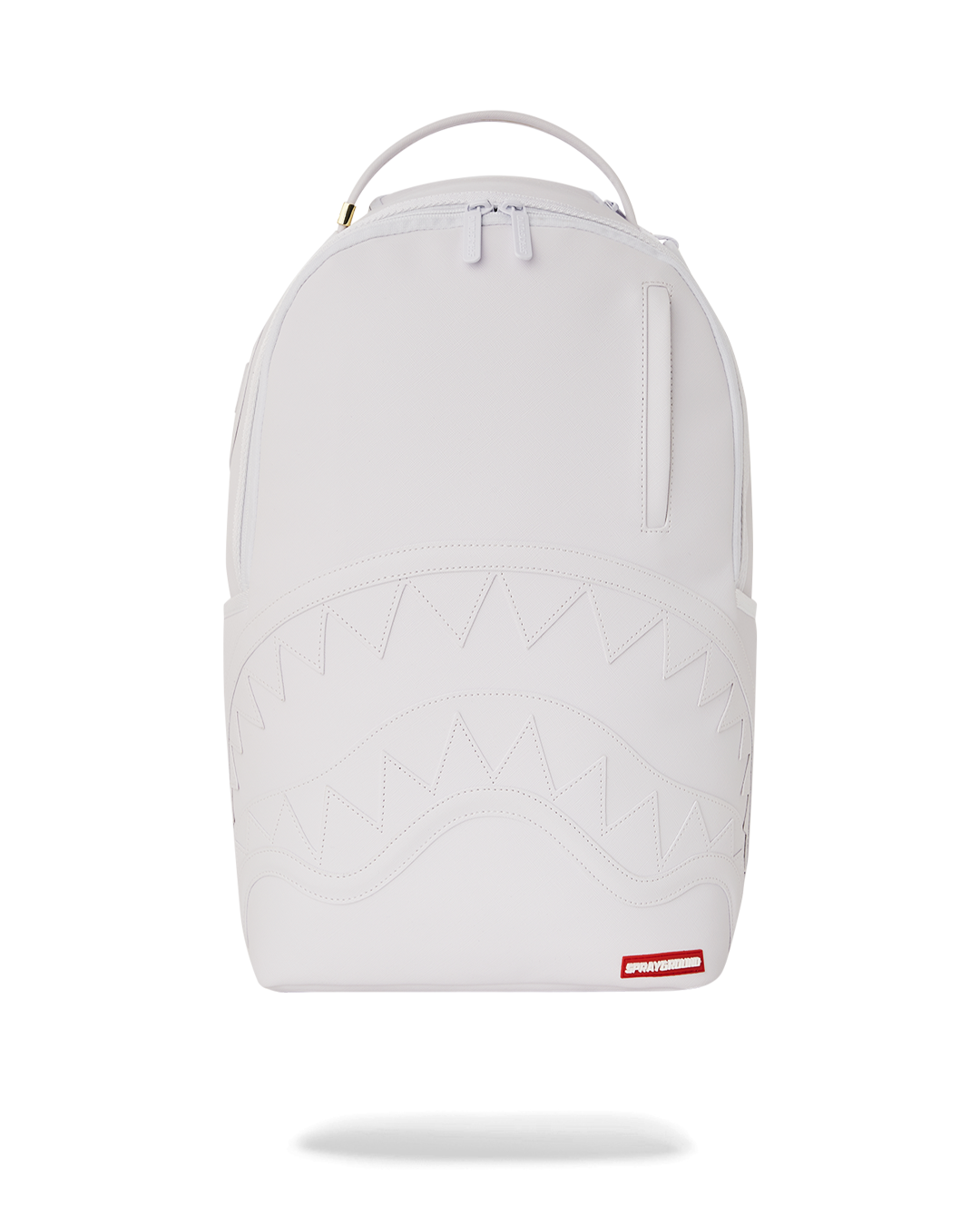 Front-facing faux leather backpack with gold zipper hardware on city background